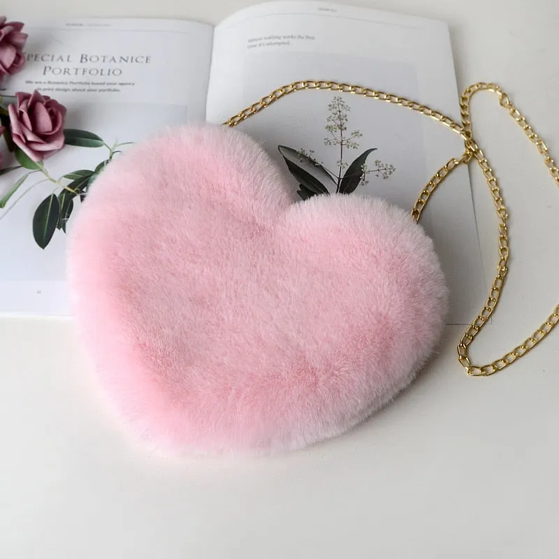 Darianrojas Fashion Women's Heart Shaped Handbags Cute Kawaii Faux Fur Crossbody Bags Wallet Purse Plush Chain Shoulder Bag Lady Handbag