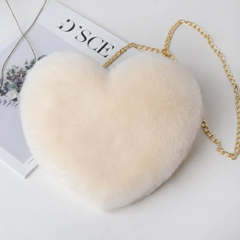 Darianrojas Fashion Women's Heart Shaped Handbags Cute Kawaii Faux Fur Crossbody Bags Wallet Purse Plush Chain Shoulder Bag Lady Handbag