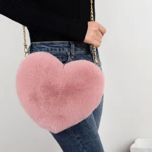 Darianrojas Fashion Women's Heart Shaped Handbags Cute Kawaii Faux Fur Crossbody Bags Wallet Purse Plush Chain Shoulder Bag Lady Handbag