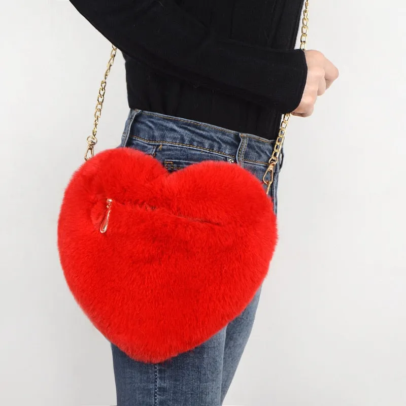 Darianrojas Fashion Women's Heart Shaped Handbags Cute Kawaii Faux Fur Crossbody Bags Wallet Purse Plush Chain Shoulder Bag Lady Handbag