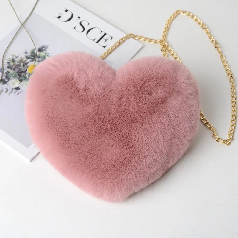 Darianrojas Fashion Women's Heart Shaped Handbags Cute Kawaii Faux Fur Crossbody Bags Wallet Purse Plush Chain Shoulder Bag Lady Handbag