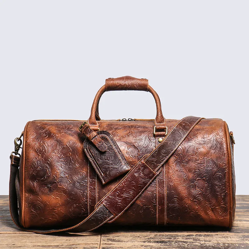 Embossed Leather Travel Bag with shoe Pouch Weekend Bag Duffel Bag Leather Duffle with shoe Compartment