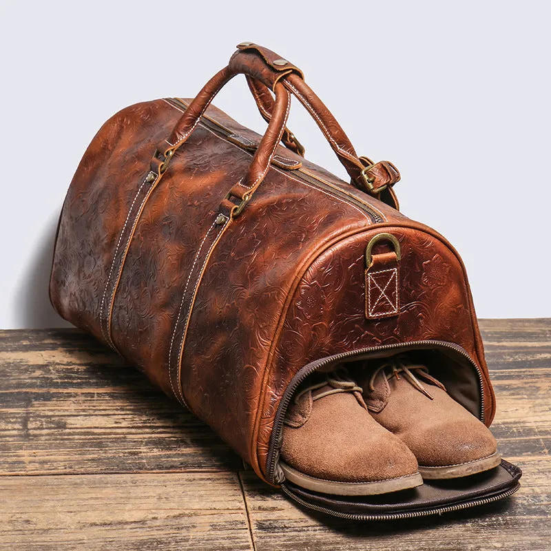 Embossed Leather Travel Bag with shoe Pouch Weekend Bag Duffel Bag Leather Duffle with shoe Compartment