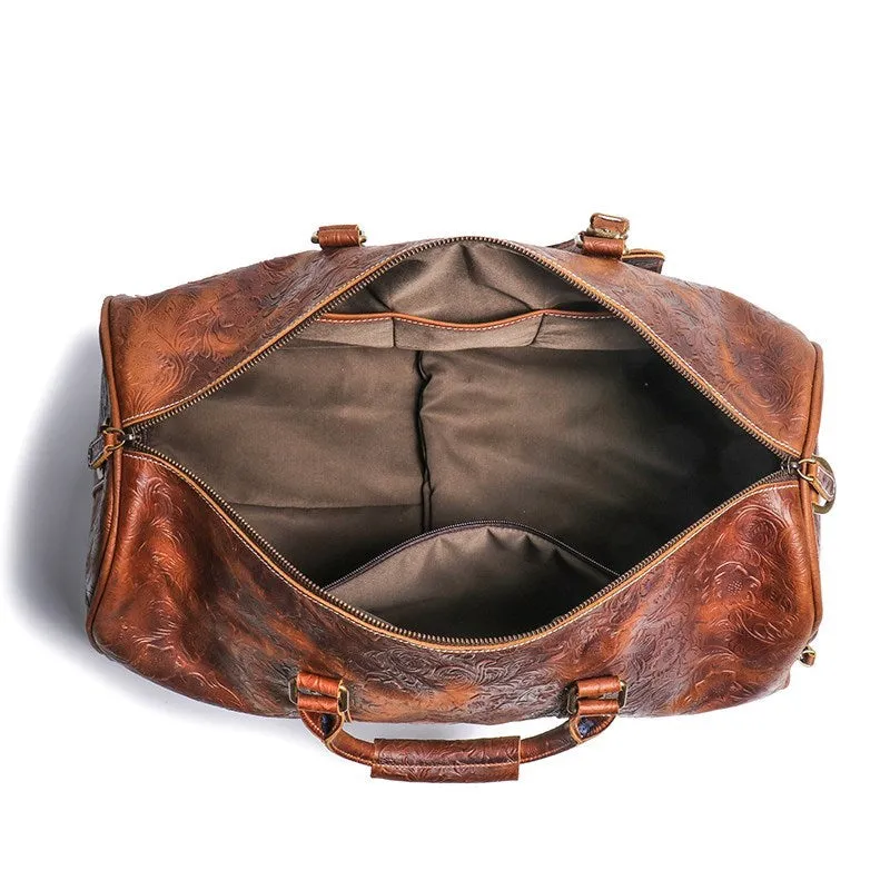 Embossed Leather Travel Bag with shoe Pouch Weekend Bag Duffel Bag Leather Duffle with shoe Compartment