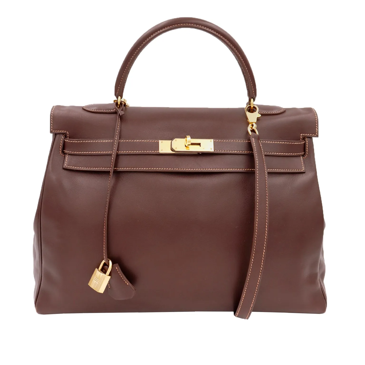 Hermes Kelly 35 Retourne in Havane Gulliver Leather with Rose Poudre Stitching