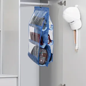 Kuber Industries Hanging Organizer | Handbag Organizer | Hanging Purse for Wardrobe | Transparent Clutch Organizer | Handbag Storage for Closet | 6 Pocket Hanger | Laheriya | Blue