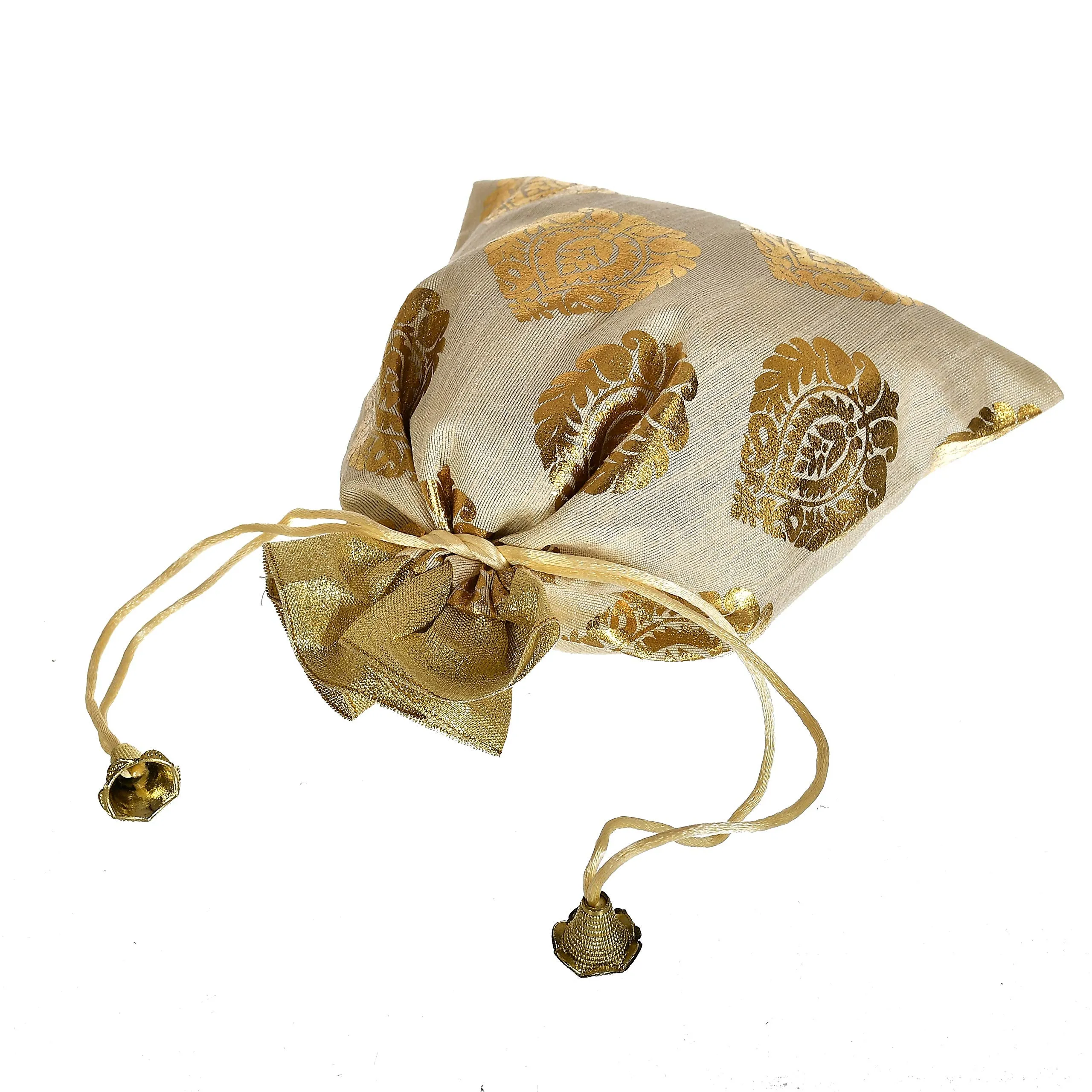 Kuber Industries Leaf Design Drawstring Potli Bag Party Wedding Favor Gift Jewelry Bags-Pack of 6 (Gold)