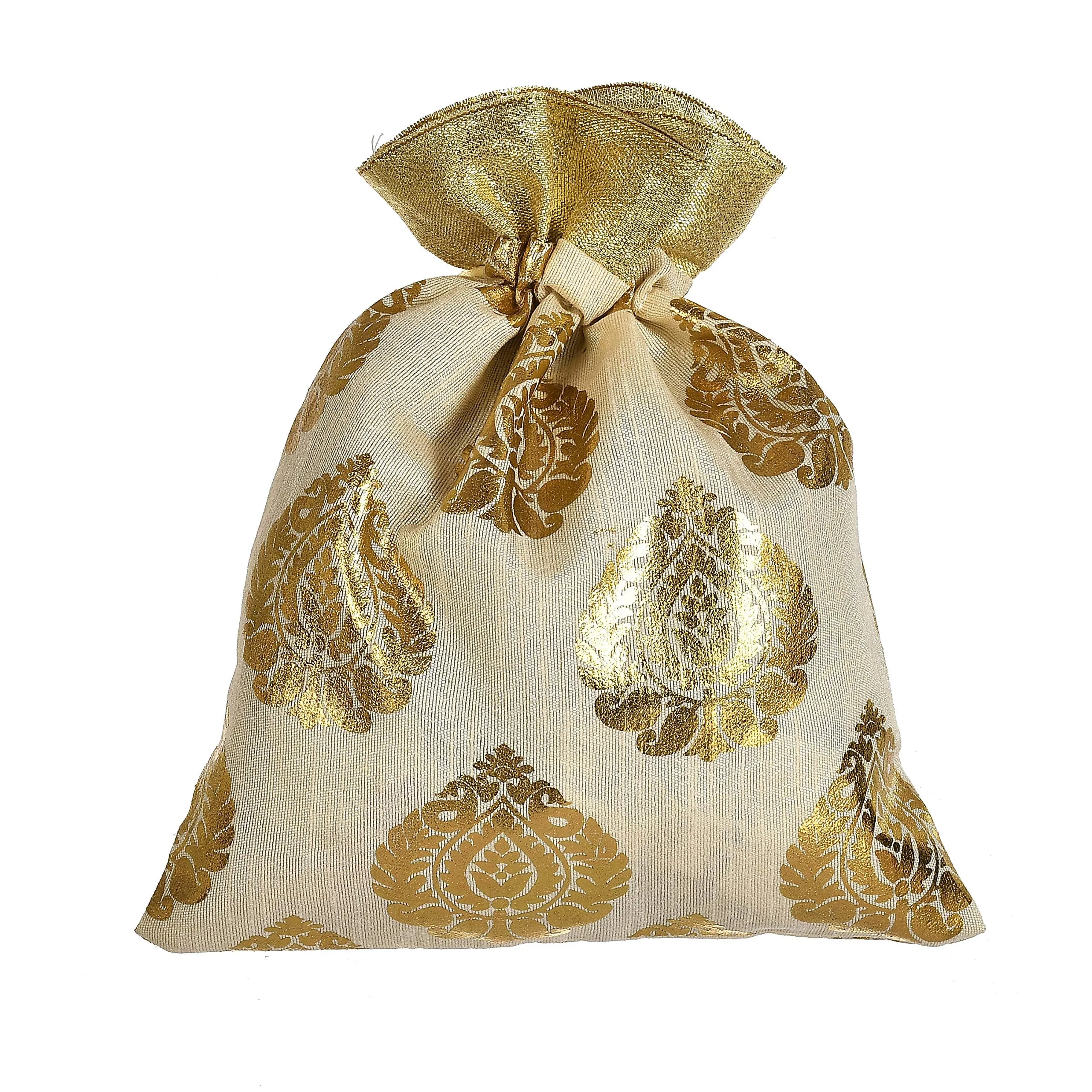 Kuber Industries Leaf Design Drawstring Potli Bag Party Wedding Favor Gift Jewelry Bags-Pack of 6 (Gold)