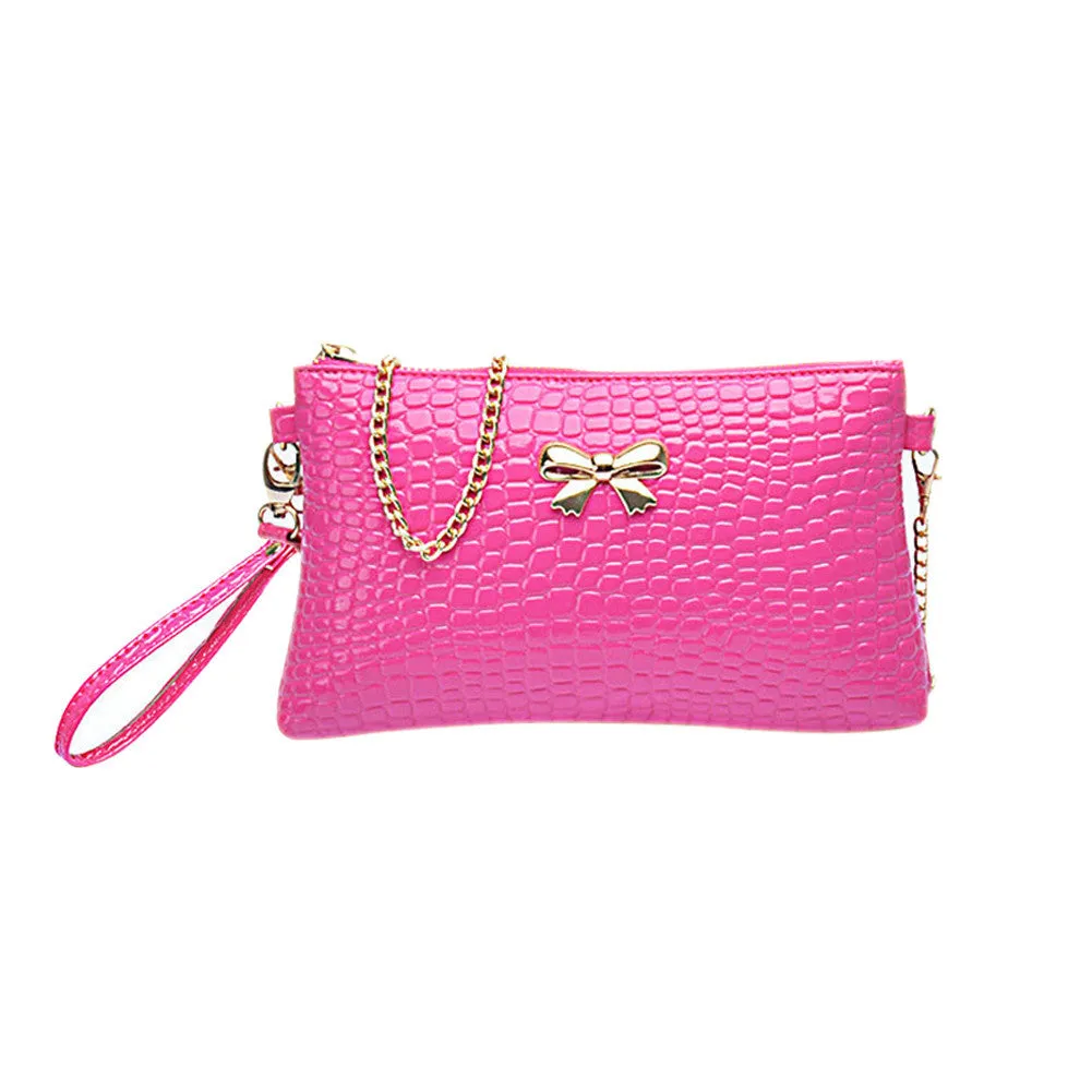 New Women's Chain PU Small Shoulder Bag Crocodile Bow Decoration Clutch Pouch Bags HB88