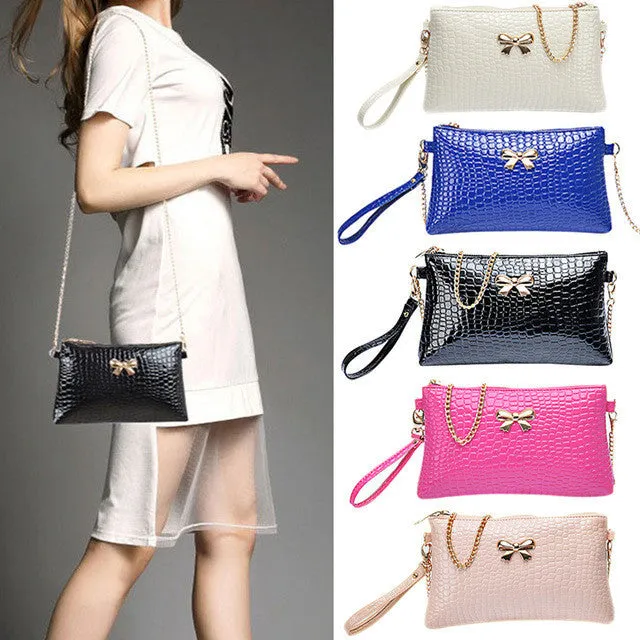 New Women's Chain PU Small Shoulder Bag Crocodile Bow Decoration Clutch Pouch Bags HB88