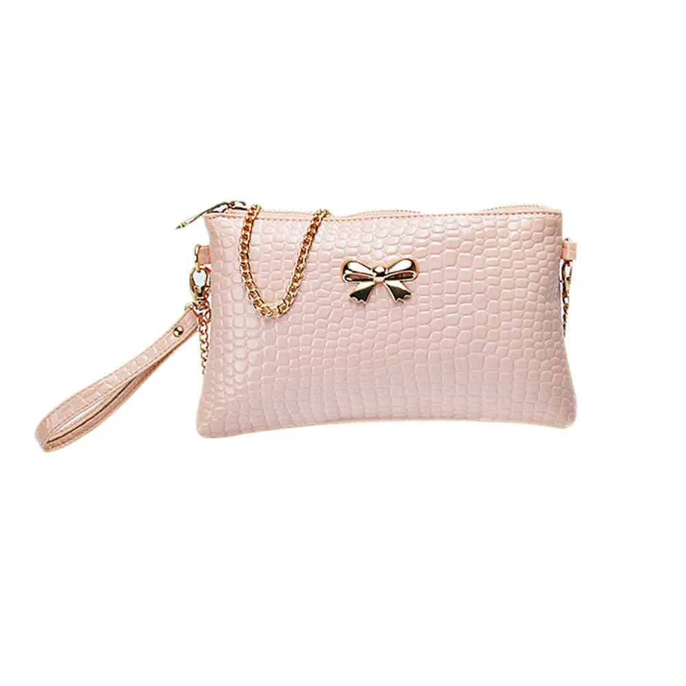 New Women's Chain PU Small Shoulder Bag Crocodile Bow Decoration Clutch Pouch Bags HB88