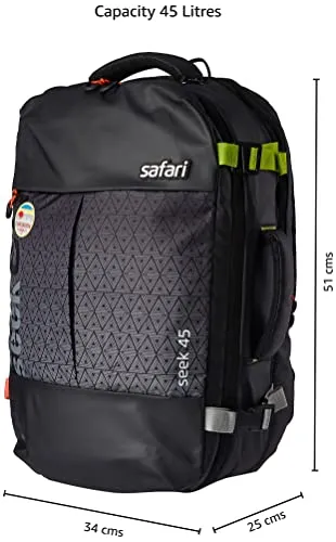 Safari Seek 45 Ltrs Large Overnighter Travel Laptop Backpack, Water Resistant Spacious Bag for Travelling and Camping, All-Purpose Bag for Business & Leisure- Black