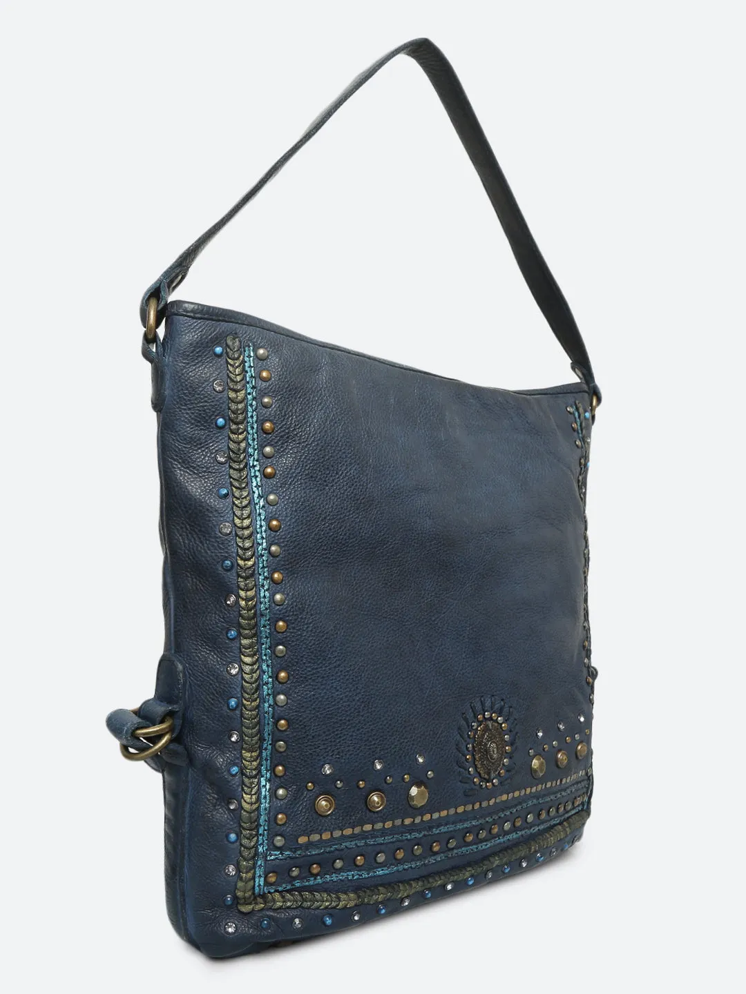 Savio: Navy Blue Embellished Hobo Bag In Veg Tan Leather