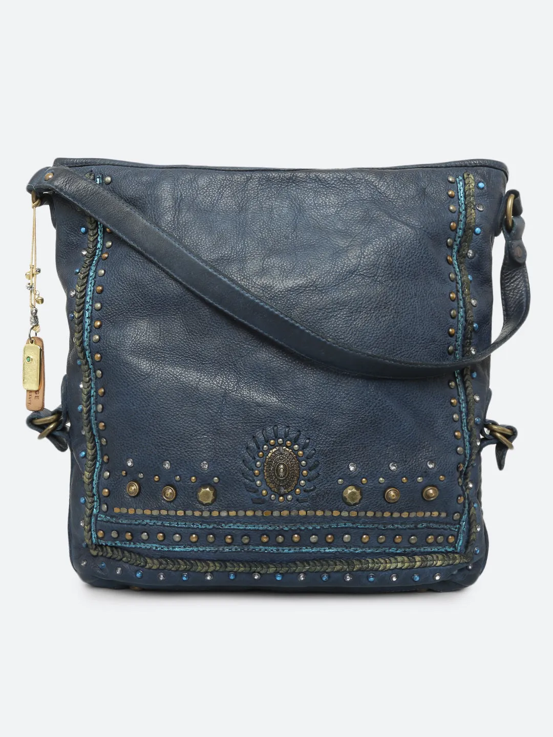 Savio: Navy Blue Embellished Hobo Bag In Veg Tan Leather