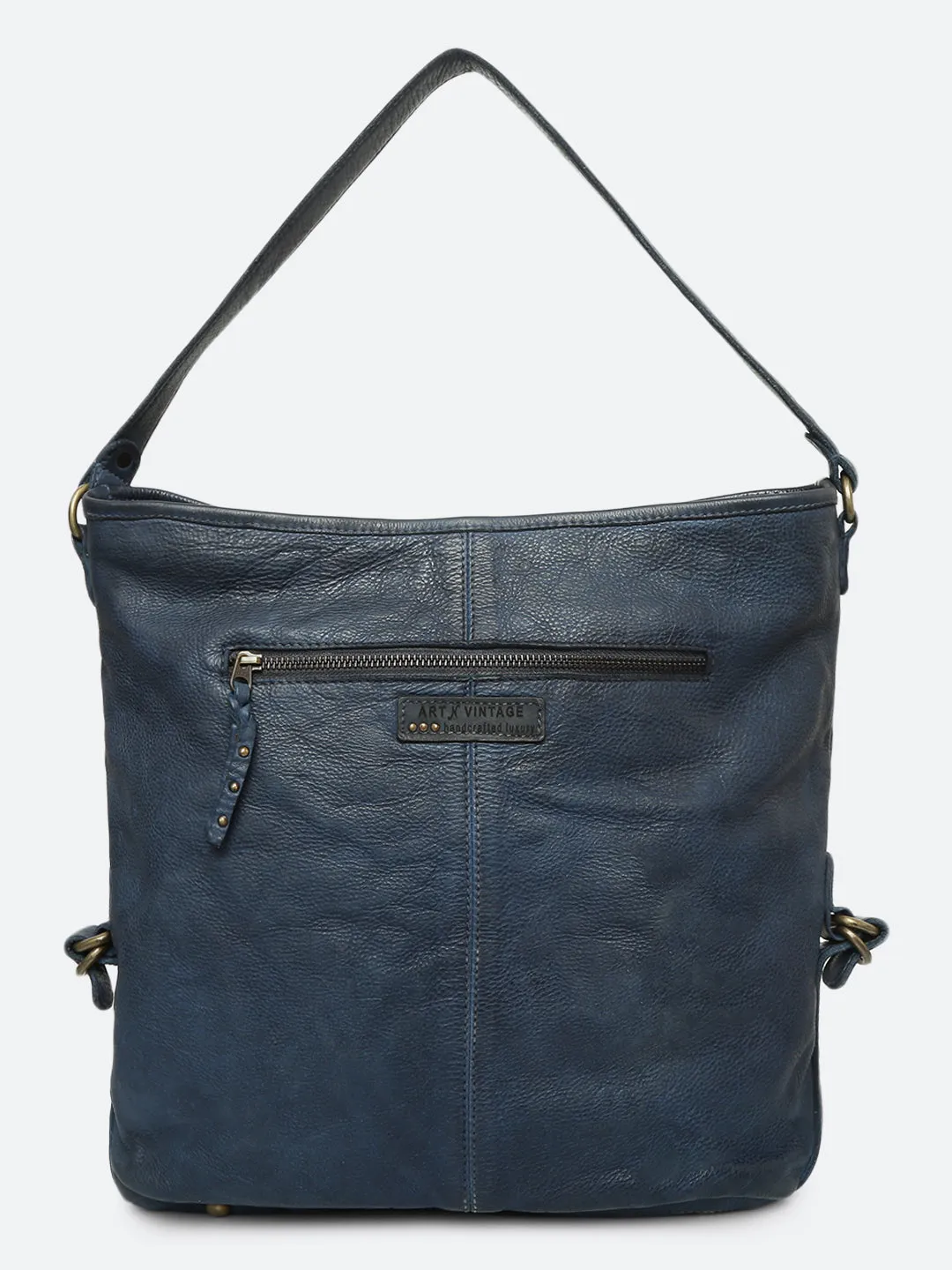 Savio: Navy Blue Embellished Hobo Bag In Veg Tan Leather