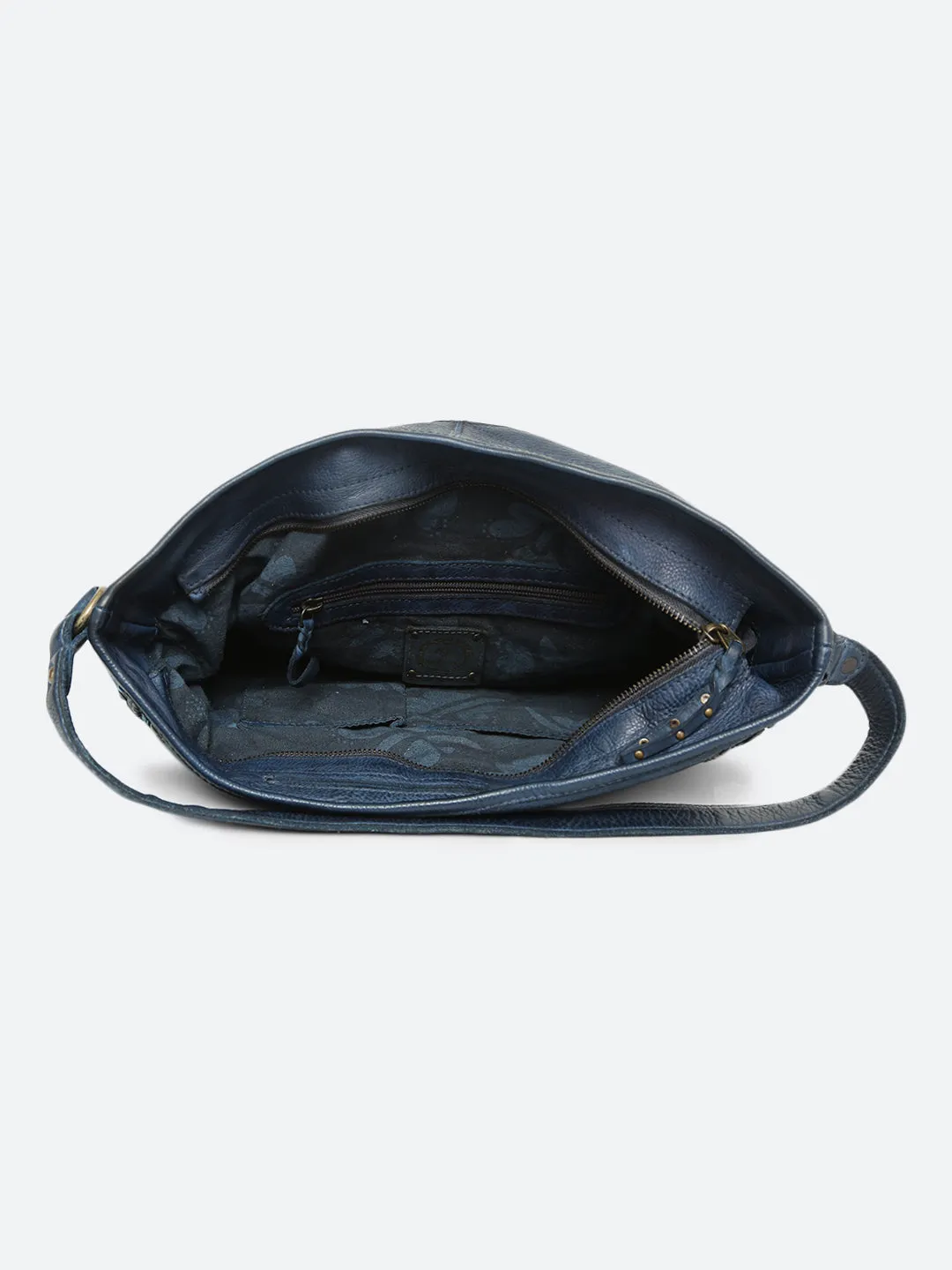 Savio: Navy Blue Embellished Hobo Bag In Veg Tan Leather