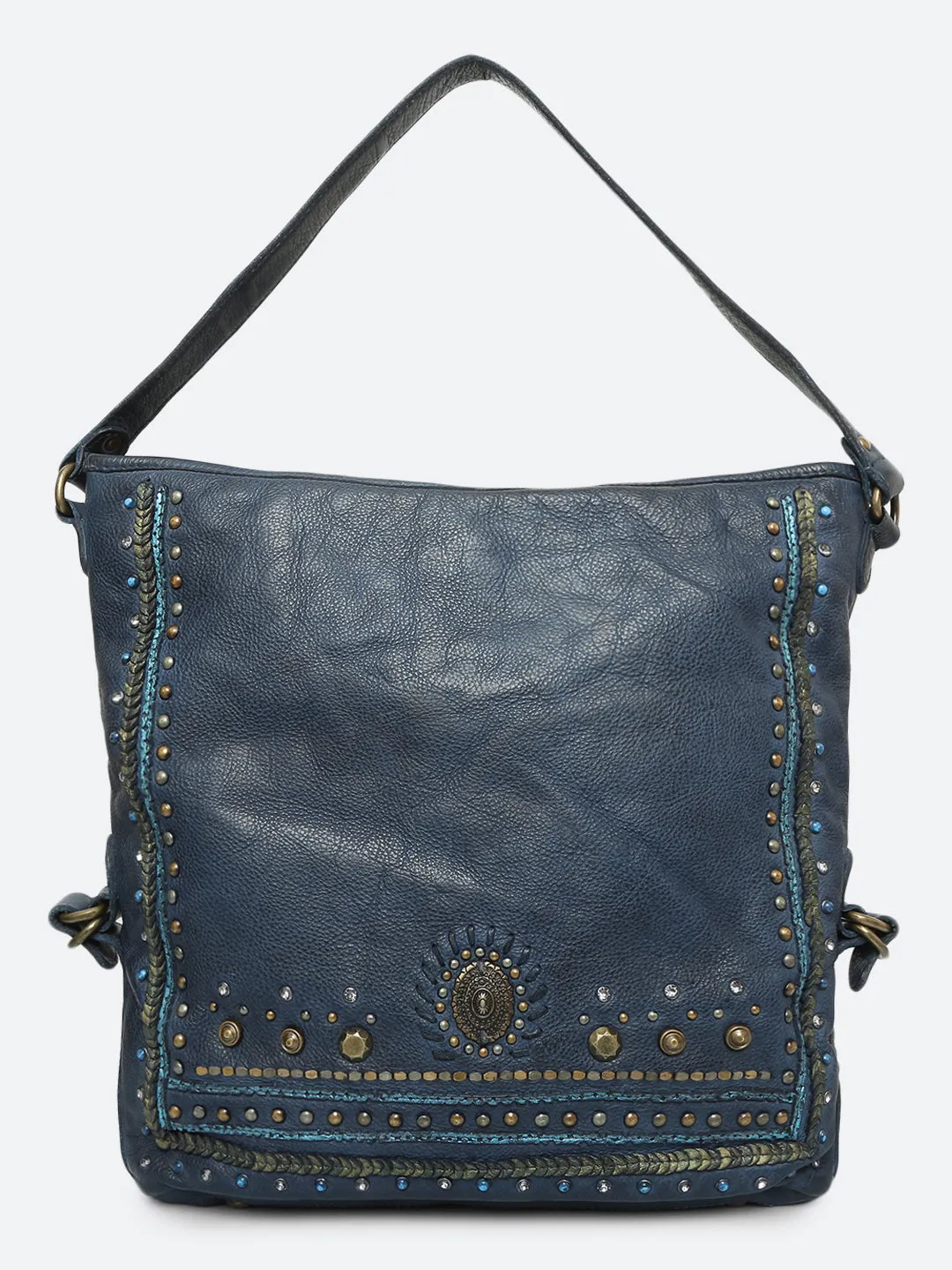 Savio: Navy Blue Embellished Hobo Bag In Veg Tan Leather