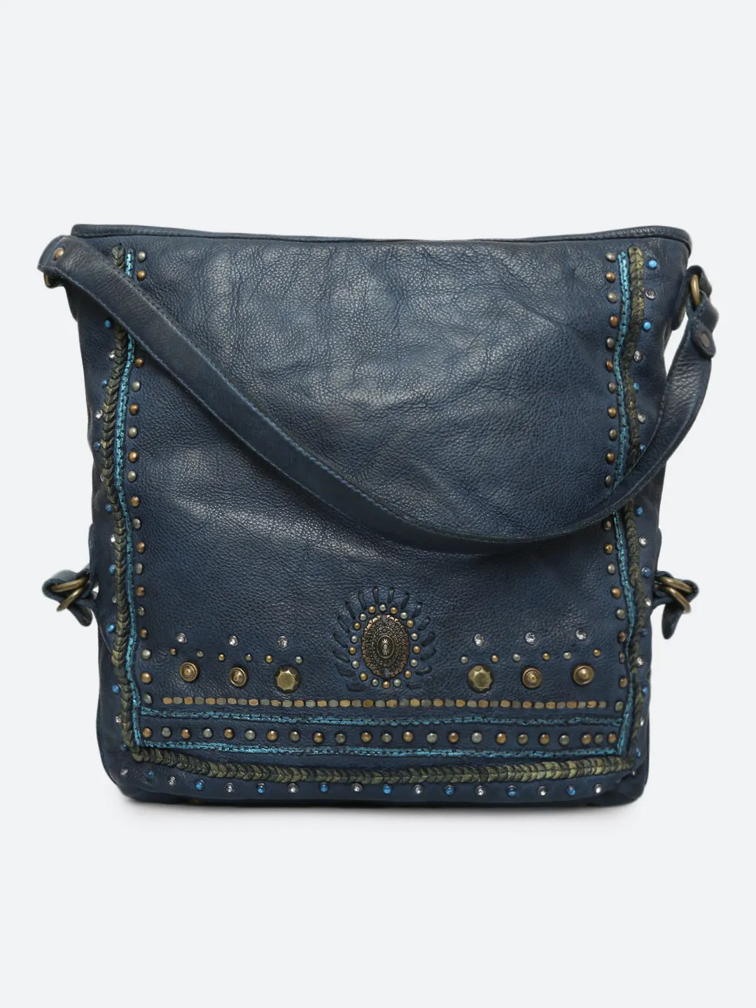 Savio: Navy Blue Embellished Hobo Bag In Veg Tan Leather