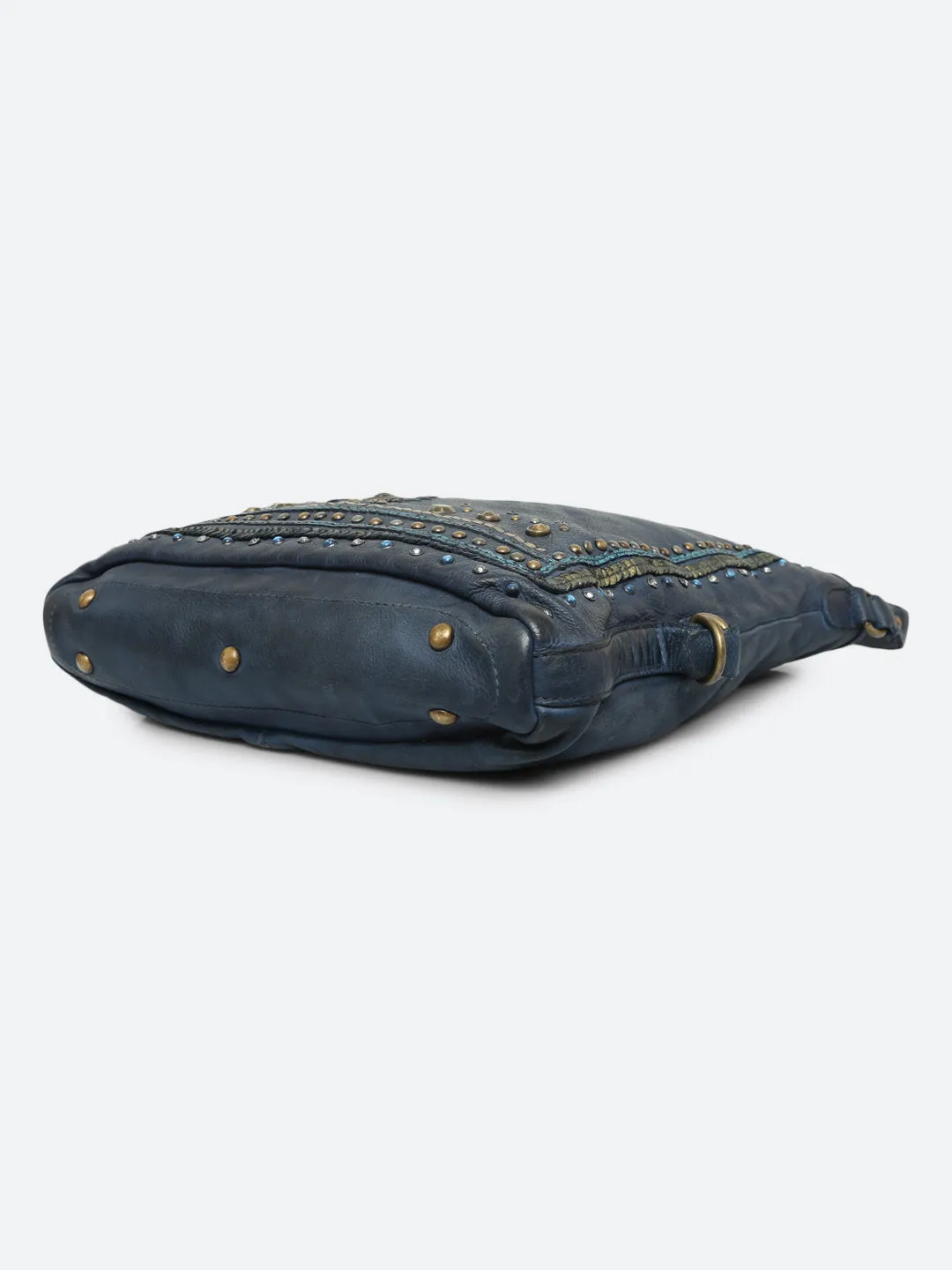 Savio: Navy Blue Embellished Hobo Bag In Veg Tan Leather