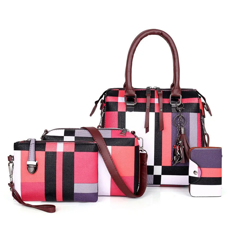 SMOOZA  Luxury Designer Plaid Women's Handbag Set (4pc) with Adorable Decoration