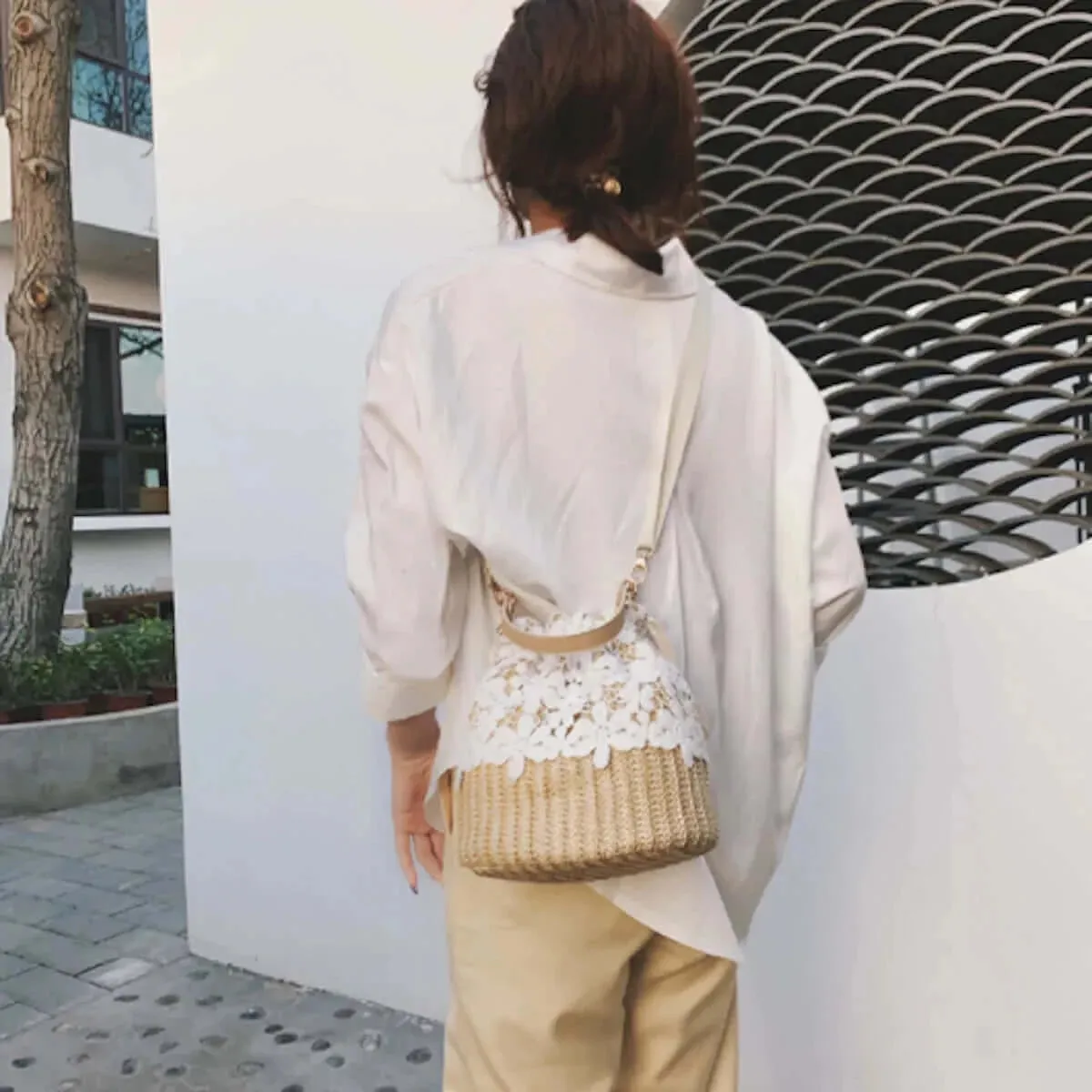 Summer Crossbody Straw Bucket with Lace