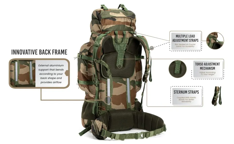 Tripole Colonel Pro Metal Frame Rucksack with Detachable Day Pack and Rain Cover for Trekking and Travelling | 5 Year Warranty (105 Ltr, Indian Army)