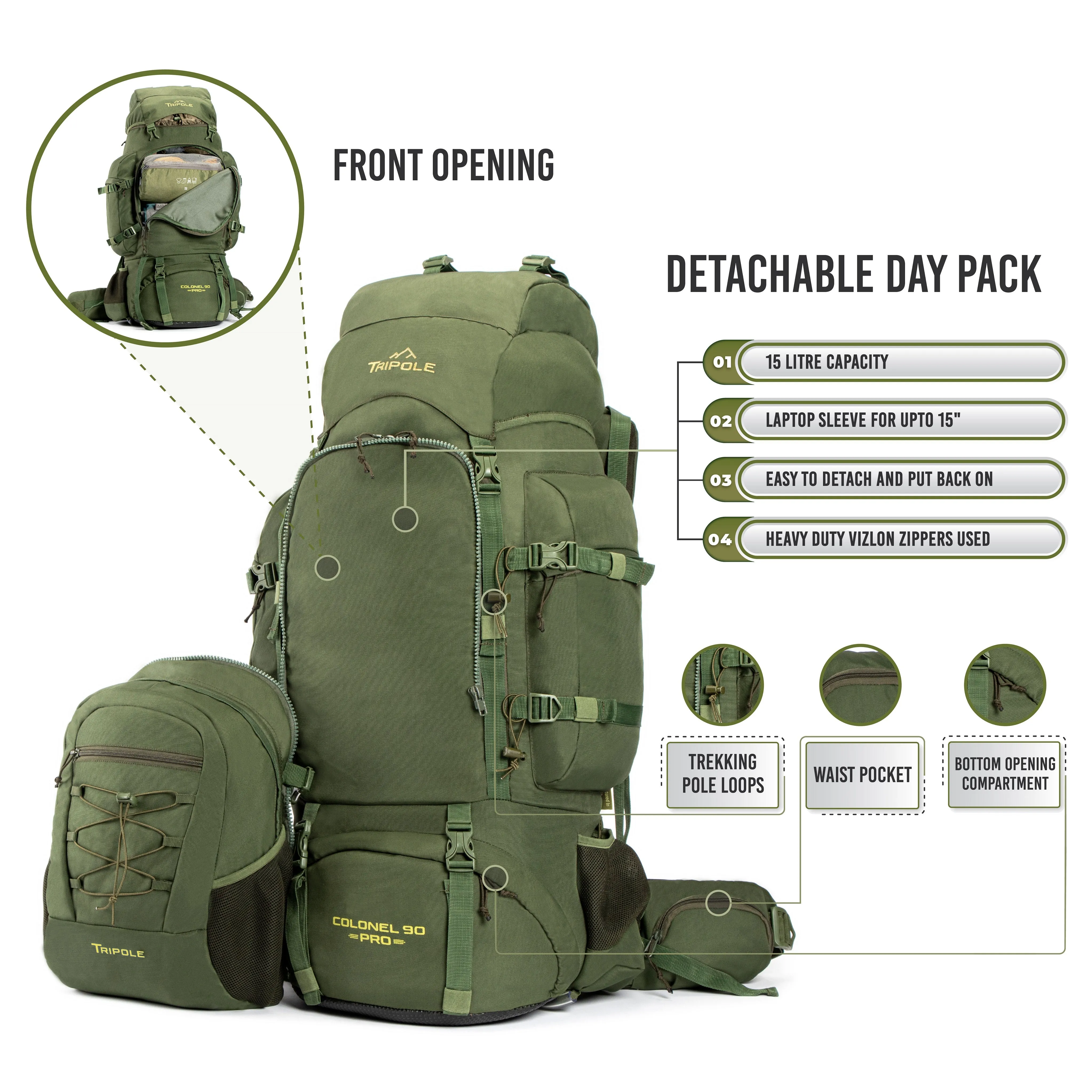 Tripole Colonel Pro Metal Frame Rucksack with Detachable Day Pack and Rain Cover for Trekking and Travelling | 5 Year Warranty (90 Ltr, Green)