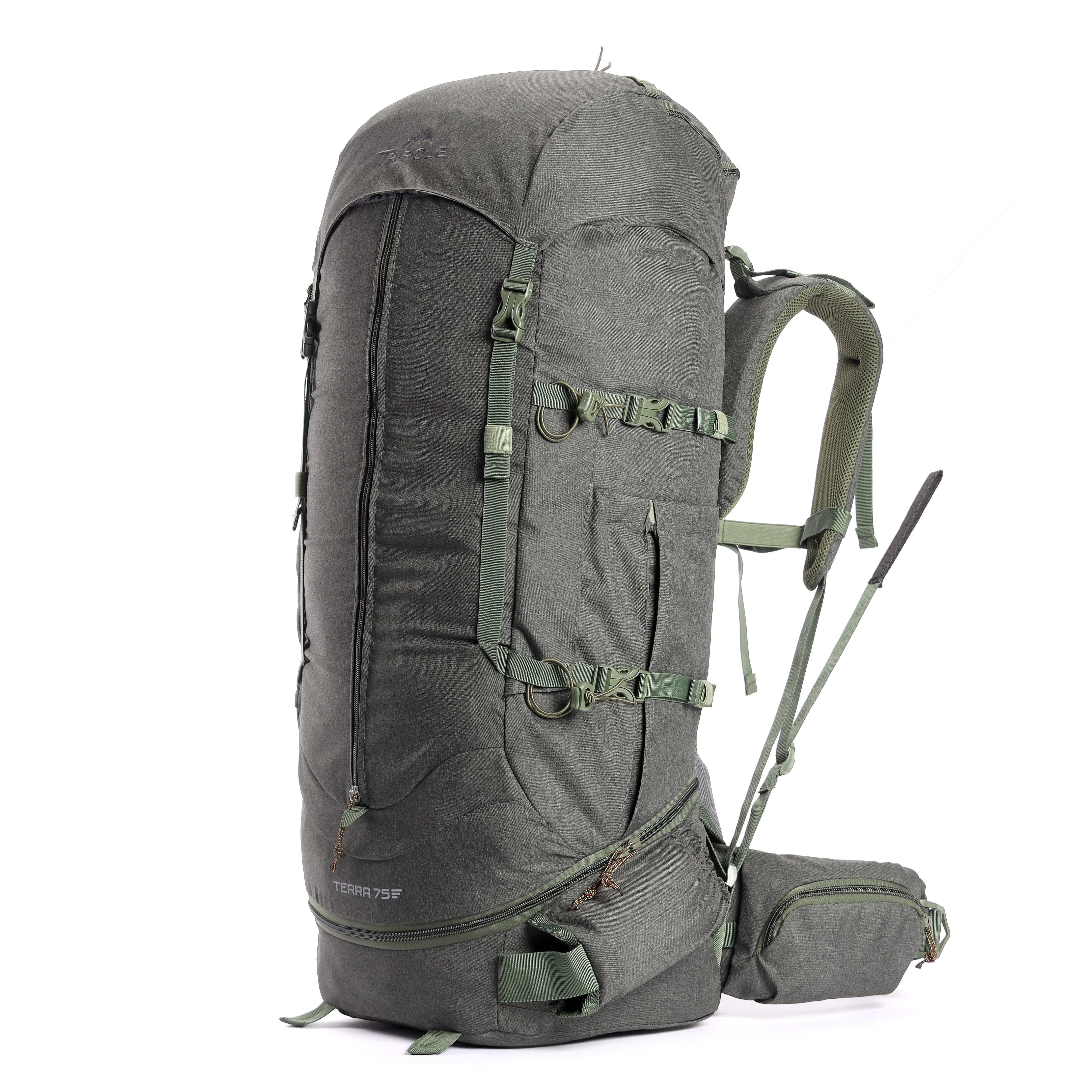 Tripole Terra Backpacking and Trekking Rucksack with Front Opening, Rain Cover and Metal Frame | 3 Year Warranty | Green | 75 Litres