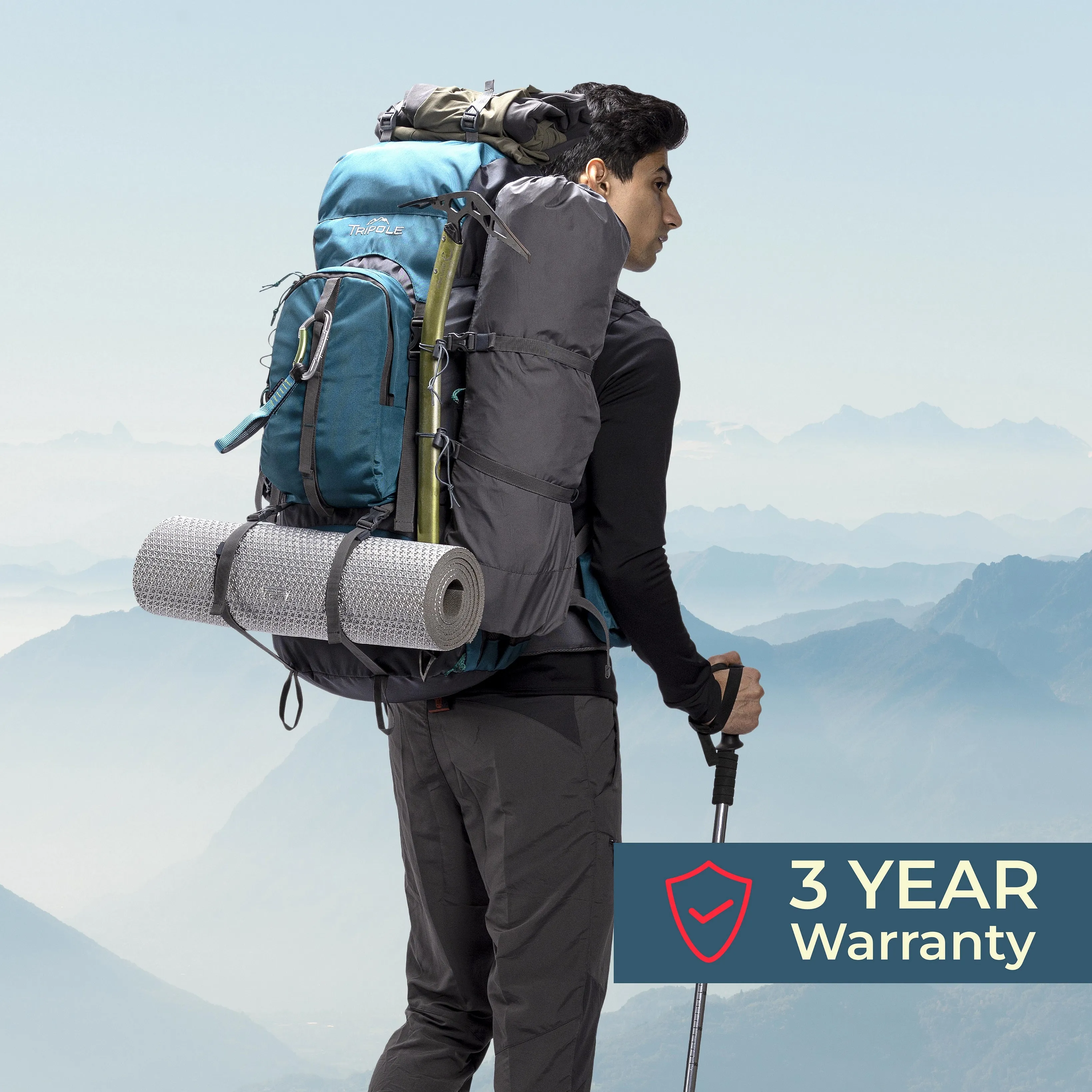 Tripole Walker 55L Internal Frame Rucksack for Hiking | Rain Cover | Water Repellent | Laptop Section | 3 Year Warranty | Grey & Sea Green