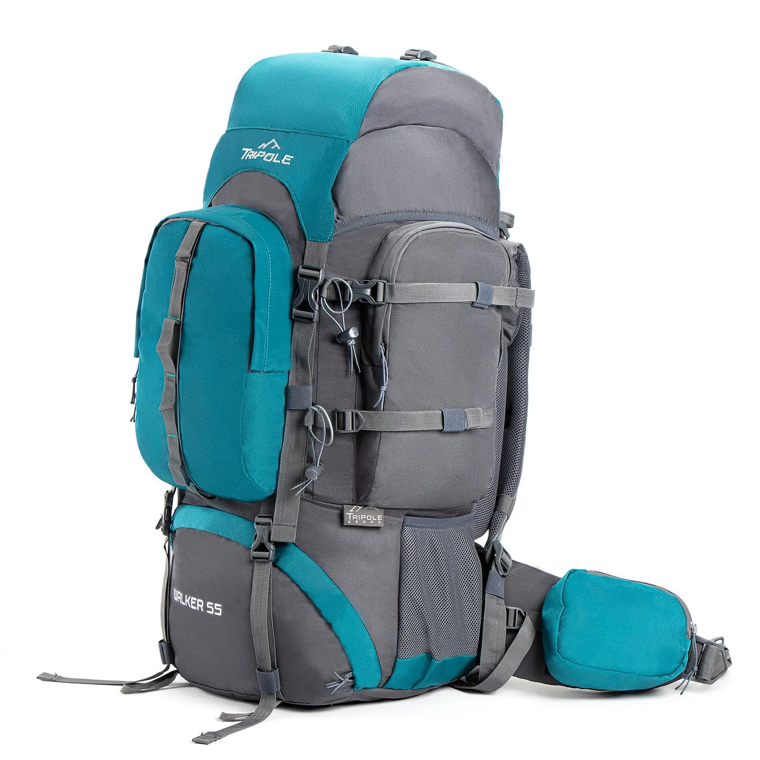 Tripole Walker 55L Internal Frame Rucksack for Hiking | Rain Cover | Water Repellent | Laptop Section | 3 Year Warranty | Grey & Sea Green