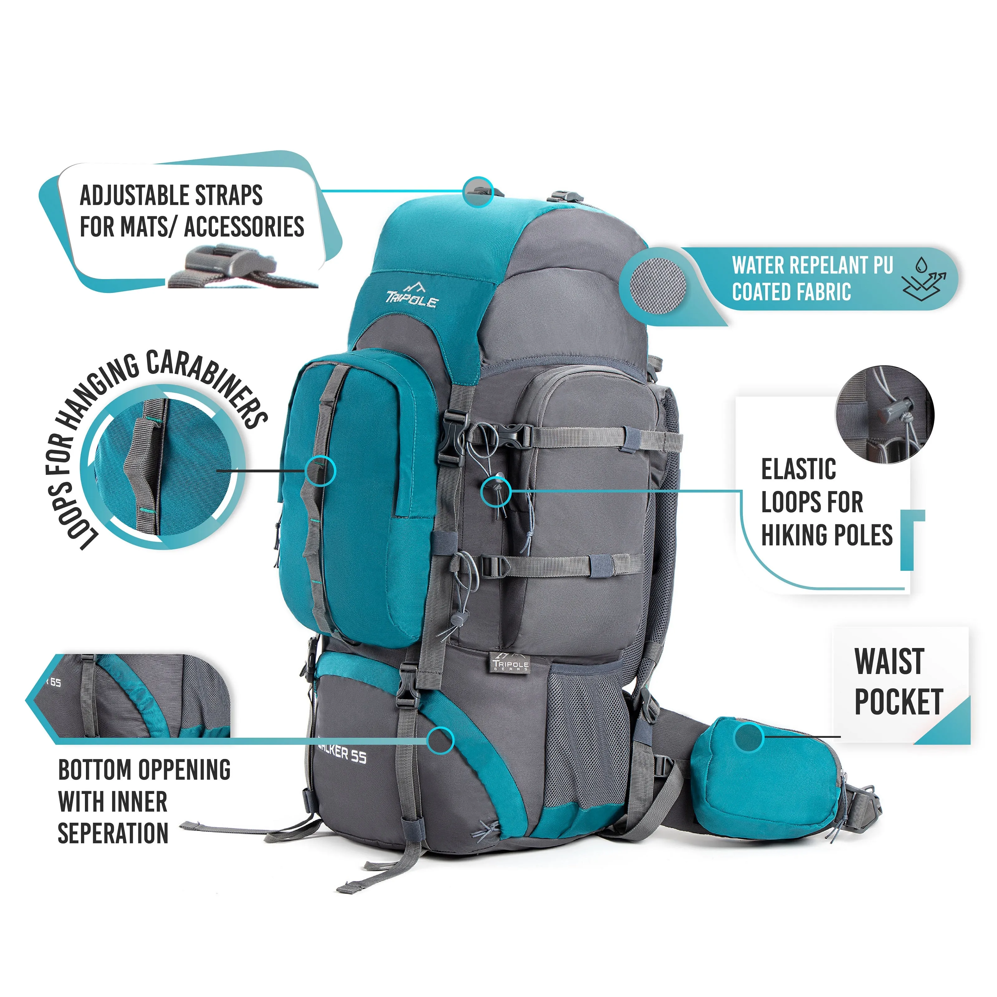 Tripole Walker 55L Internal Frame Rucksack for Hiking | Rain Cover | Water Repellent | Laptop Section | 3 Year Warranty | Grey & Sea Green