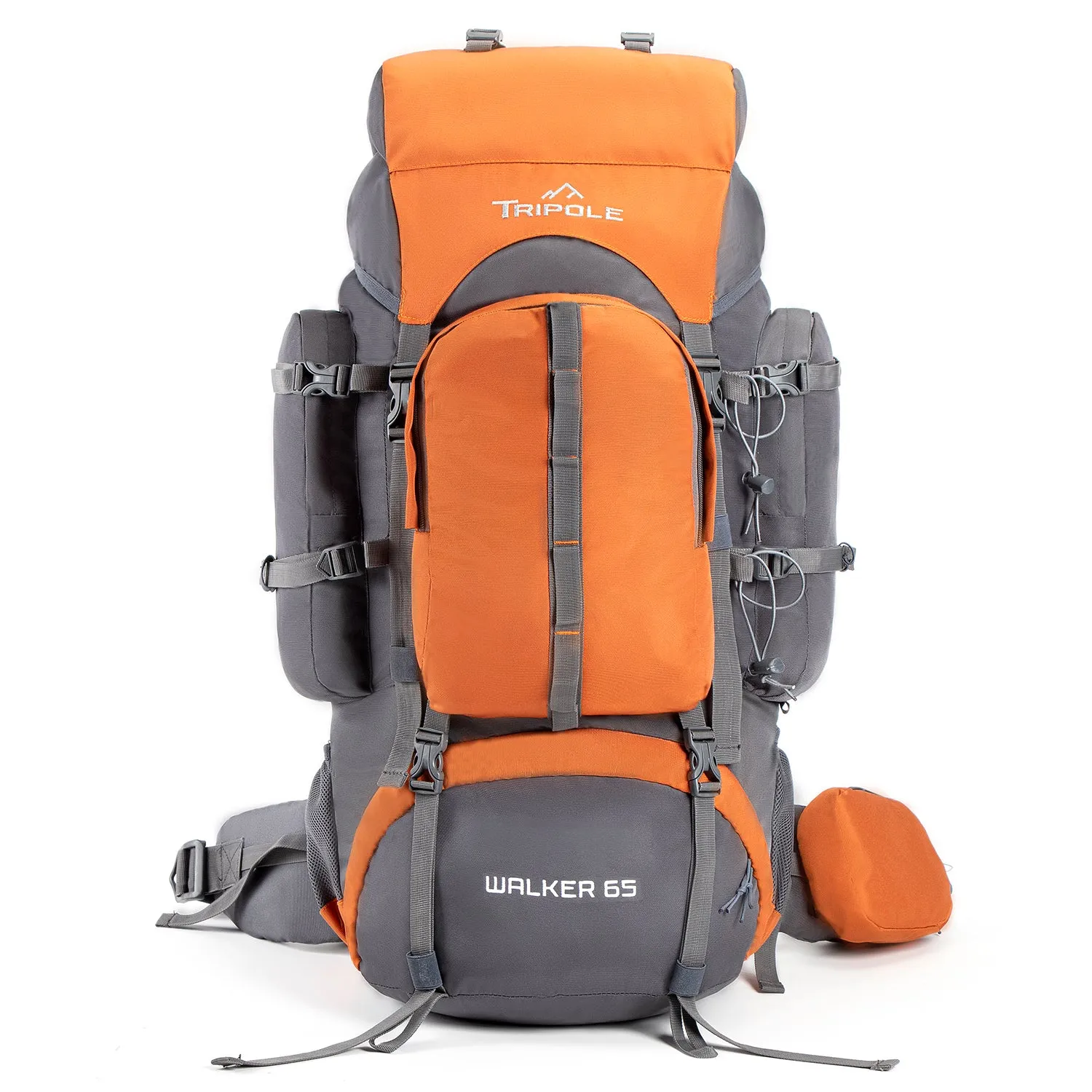 Tripole Walker 65 Litre Rucksack for Trekking and Travel | Laptop Sleeve | Water Repellent | Rain Cover | 3 Year Warranty | Grey & Orange