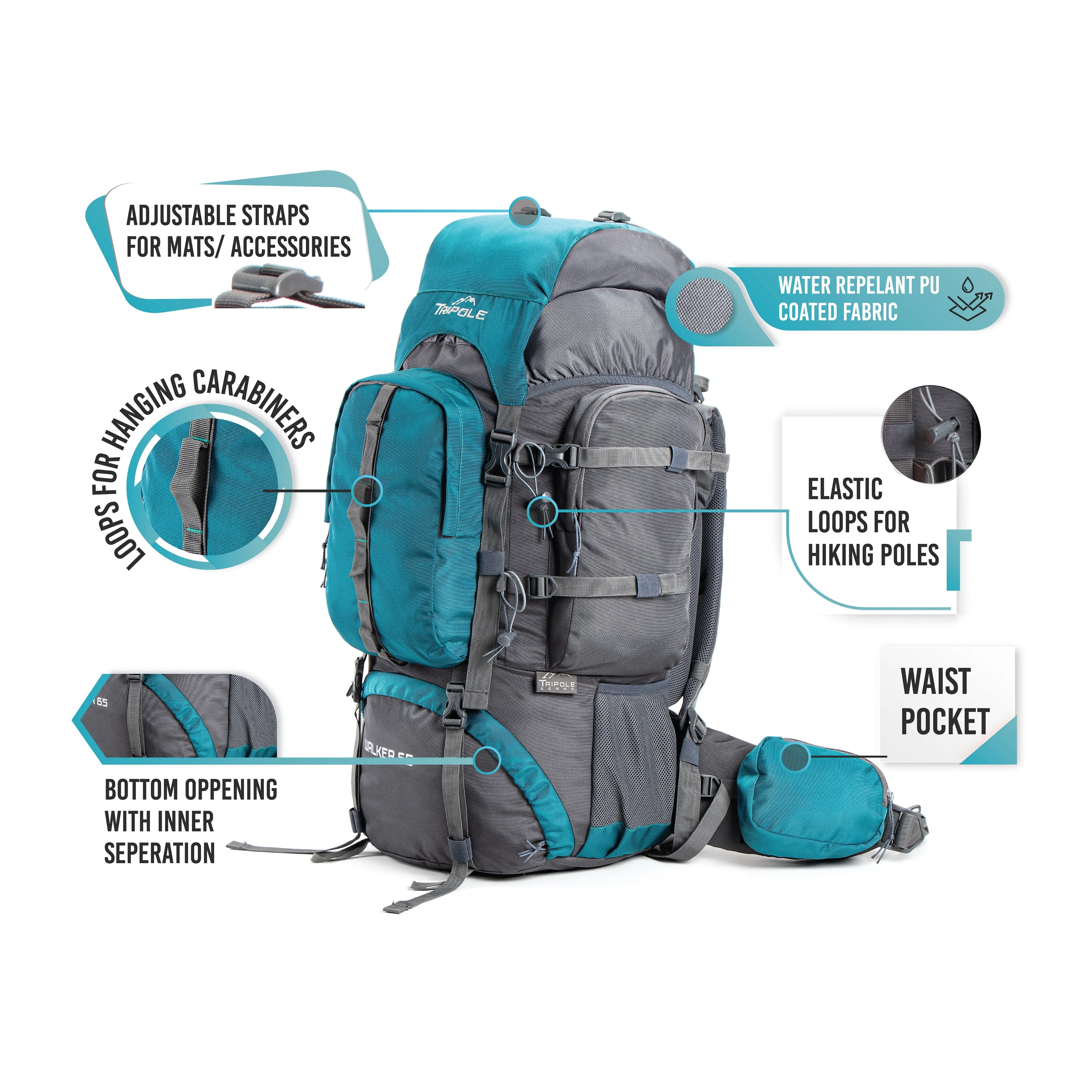 Walker 65 Litre Rucksack (Grey & Sea Green)   Foldable Day Pack