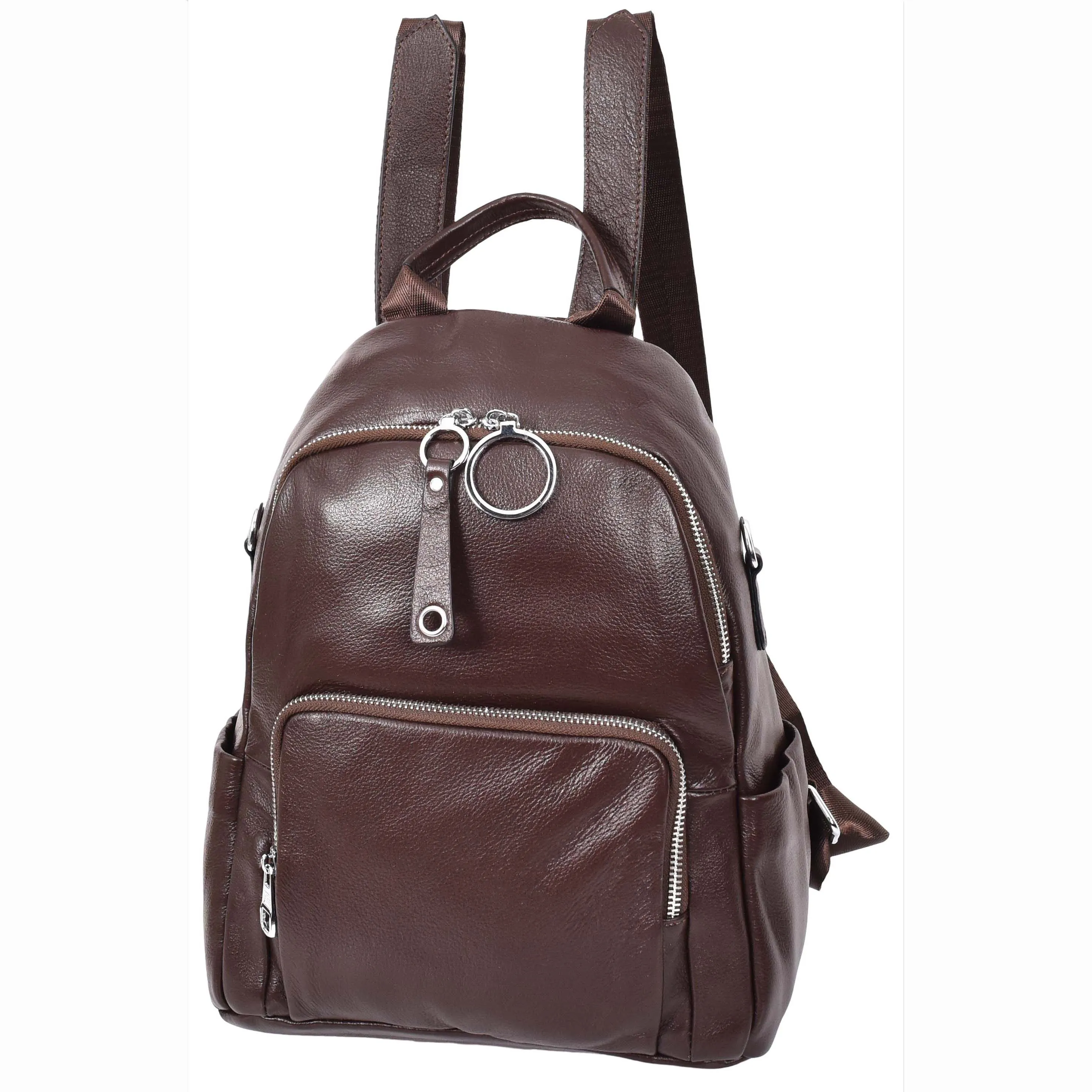 Women's Genuine Leather Backpack Multiple Pockets Casual Fashion Rucksack A618 Brown