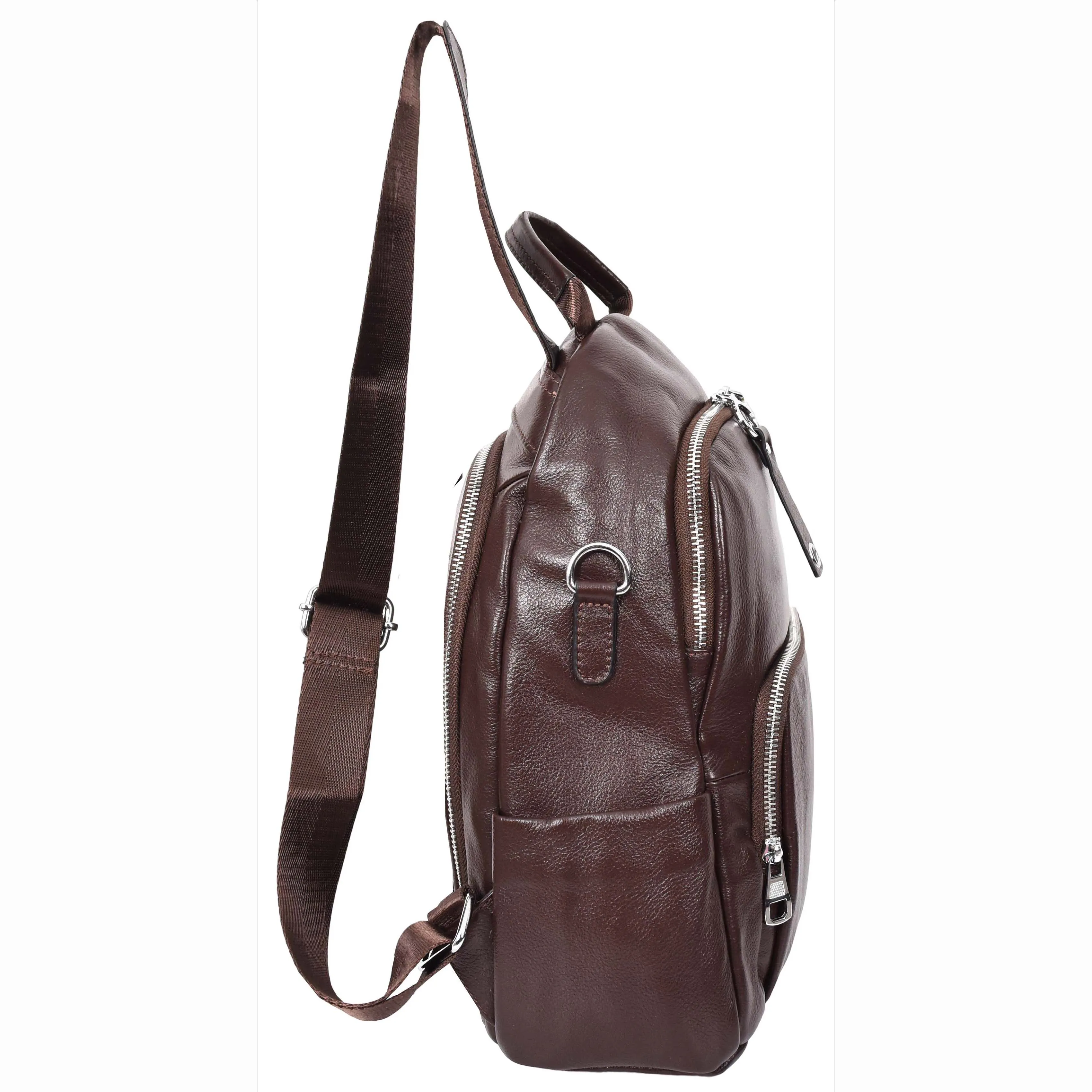 Women's Genuine Leather Backpack Multiple Pockets Casual Fashion Rucksack A618 Brown