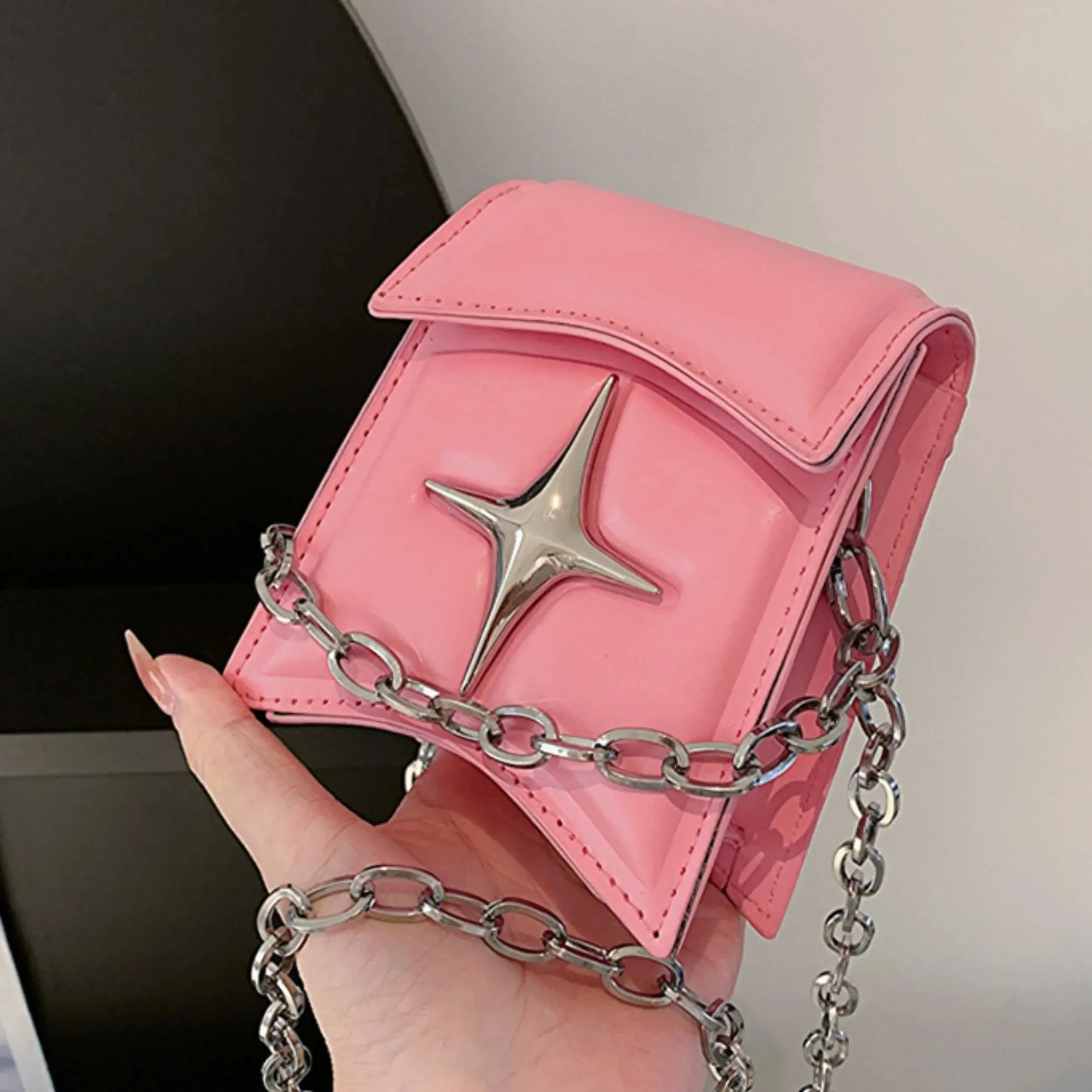 Y2K Vintage Korean Chain Small Cross Gothic PU Leather Pink Bag